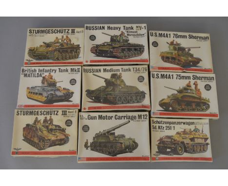 9 x Bandai 1:48 scale military related model kits. All sealed.