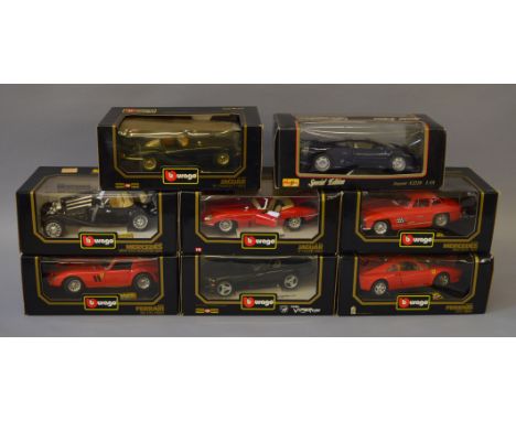 Eight boxed diecast model cars in 1:18 scale by Bburago and Maisto. Overall models appear G+ in generally G boxes. (8)