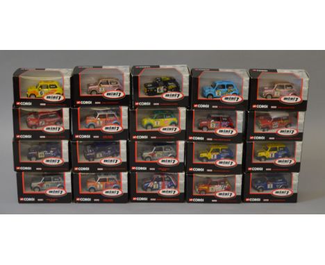 Twenty boxed Corgi diecast models from the Mini 7 Racing Club series in  1:43 scale, all appear VG in G+/VG boxes. (20)