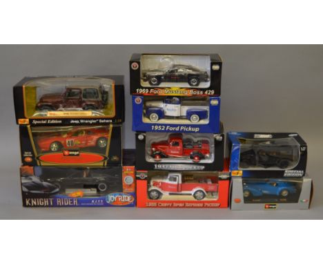 Six boxed diecast model vehicles in 1:24/1:27 scale by Snap-On Maisto and others together with three boxed 1:18 scale models 