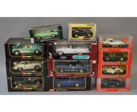 Twelve boxed diecast model cars in 1:18 and 1:24 scale by Bburago, Majorette, Maisto.and others including several models of t