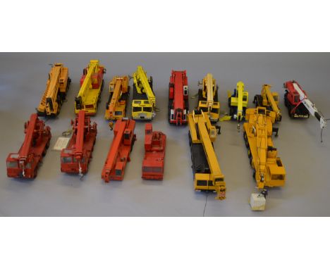 A quantity of unboxed playworn Crane Trucks, many in 1:50 scale, some with damage. (15)