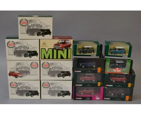 Fifteen boxed Corgi diecast model Mini Cooper road cars in 1:36 scale. All appear VG in G to VG boxes. (15)