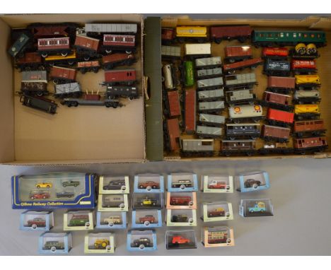 OO Gauge 65+ assorted rolling stock, including Wrenn, Hornby Dublo etc, together with 1:76 railway scale model vehicles. Over