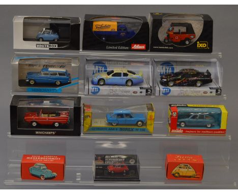 Twelve boxed diecast model cars by various manufacturers including Minichamps, Solido, Quiralu re-issues and others, the majo