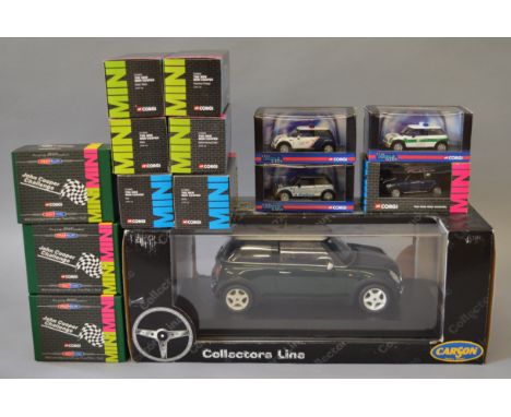 A boxed large scale Carson BMW Mini model together with thirteen boxed Corgi BMW Mini cars in 1:36 scale. Models appear VG in