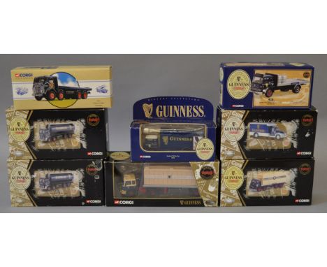 Eight boxed Corgi 1:50 scale diecast van and truck models all featuring the  Guinness livery, including 22504 Bedford TK Plat