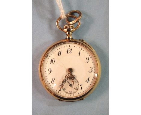 A lady's 14k-gold-cased keyless pocket watch with white enamel dial, Arabic numerals and seconds subsidiary, in engine-turned