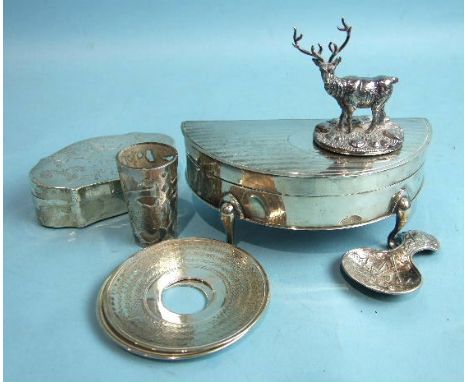 A menu holder in the form of a stag, 6cm high, a half round engine turned silver jewellery box (damaged) and other small item