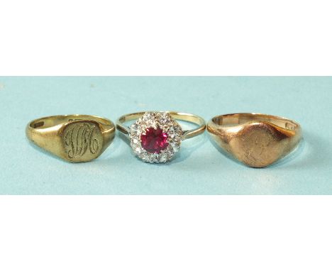 Two 9ct gold signet rings, sizes P and K and a 9ct gold cluster ring set red and white stones, 7.5g, (3).