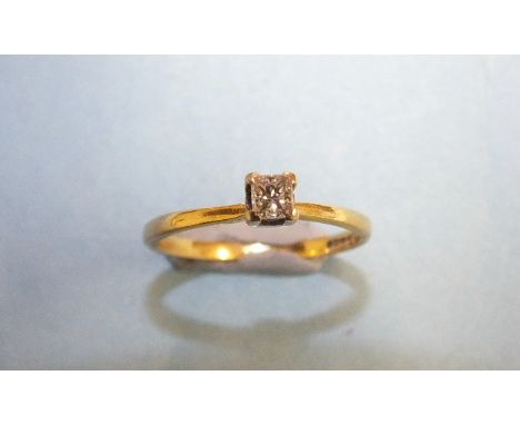 A solitaire diamond ring claw-set a princess-cut diamond, in 18ct white and yellow gold mount, size Q, 2.5g.