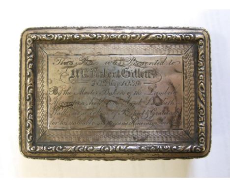 A William IV table snuff box with cast borders and engine-turned decoration, inscribed To Mr Robert Gillett 1839 By The Maste