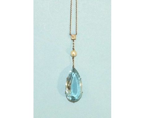 An early-20th century aquamarine, diamond and pearl pendant on chain, the pear-shaped aquamarine 24 x 14 x 8mm, suspended on 
