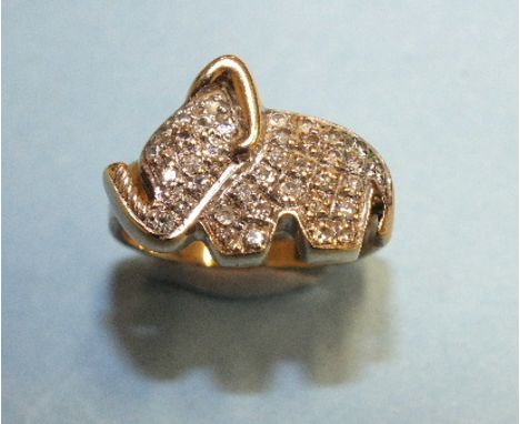 A 9ct gold ring in the form of an elephant pavé-set 8/8-cut diamonds, size K½, 4.2g.