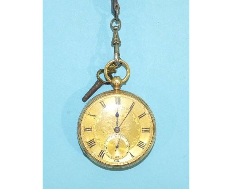 An 18ct gold cased keywind open face pocket watch,  the engraved gold dial with Roman numerals and seconds subsidiary, the mo