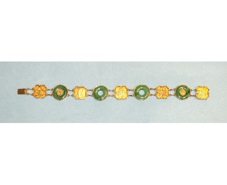 A Chinese gold and jade bracelet of alternate jade discs and gold character plaques, marked 'WH.20', 18cm, 13.9g.