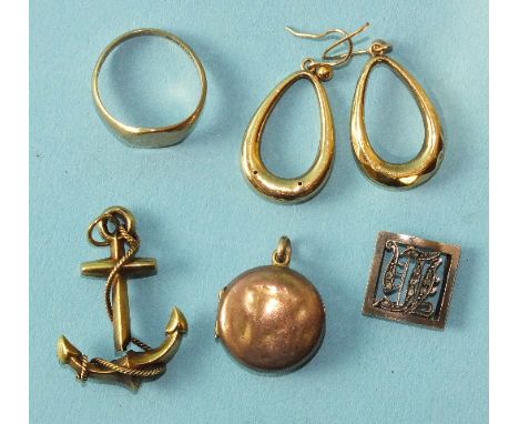 A pair of 9ct gold earrings, a 9ct gold signet ring, size M and other items, total weight 9.6g.