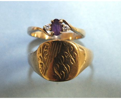 A 9ct gold ring set an amethyst and two white stones, size L and a 9ct gold signet ring, size U, 4.4g, (2).