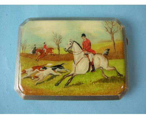A painted engine-turned cigarette case by J C Ltd decorated with a hunting scene.