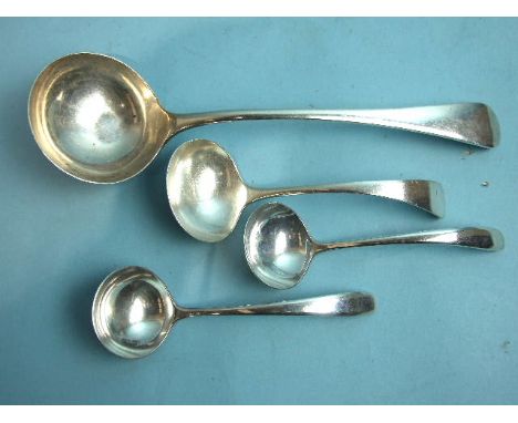 A Walker &amp; Hall Old English pattern ladle, Sheffield 1936 and three modern sauce ladles,___11oz.
