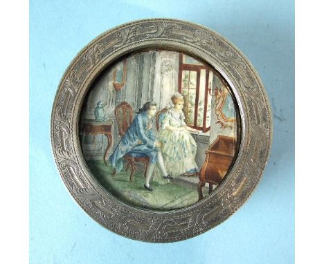 A 19th century Continental silver gilt circular box and cover with engraved and engine turned decoration overall, the lid ins
