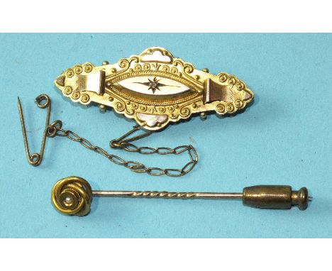 A 9ct gold locket-back brooch with cannetile decoration and a 9ct gold stick pin, 4.6g, (2).