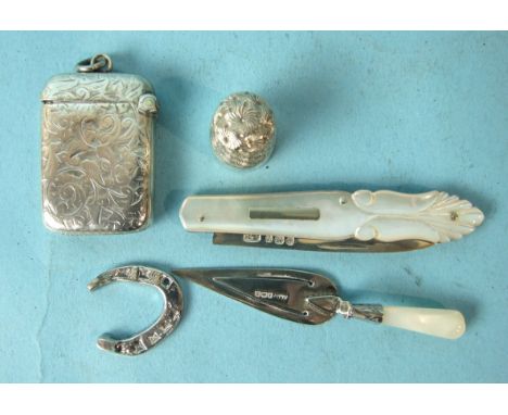 A silver trowel book mark with mother of pearl handle, Birmingham 1924, a silver bladed fruit knife, a and other items.