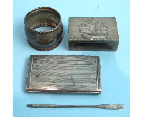 A small engine turned cigarette case, a miniature silver oar, HMS Vidette 194, a napkin ring and a Chinese match box holder m