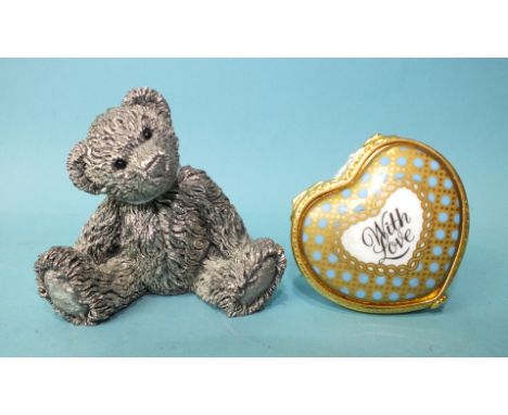 A Country Artists silver (filled) teddy bear, 65mm high, Birmingham 1996, boxed and a Royal Worcester heart-shaped pill box, 