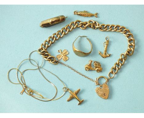 A 9ct gold curb-link bracelet with padlock clasp, six 9ct gold charms, (detached), a 9ct gold fine chain and a 9ct gold signe