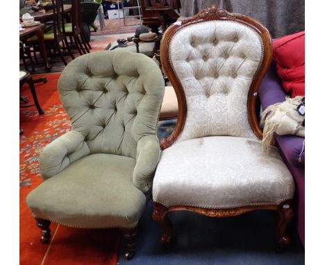A VICTORIAN BUTTON BACK LOW CHAIR with turned legs and another chair