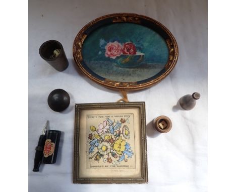 A 1920S MINIATURE WATERCOLOUR OF FLOWERS, in a French oval frame, a similar print, two treen containers and a Vintage Whitbre