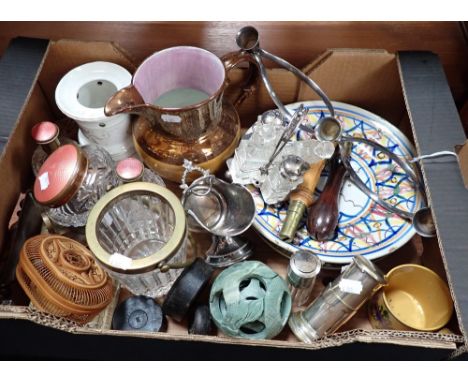 TWO 19TH CENTURY TURNED WOOD AND BRASS SAW HANDLES, a French faience plate, a miniature silver plated picnic stove with flask