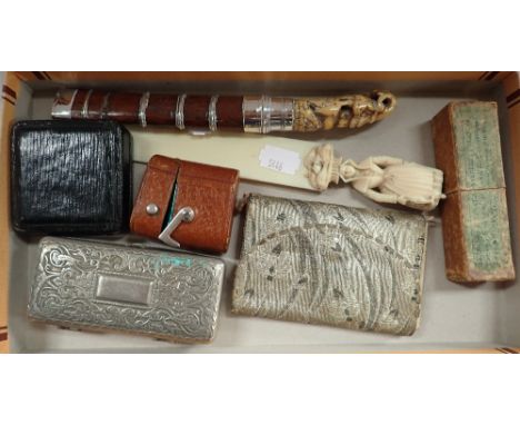 A JAPANESE KNIFE IN WOODEN SHEATH WITH CARVED HANDLE, a carved Dieppe ivory page turner carved with a fisher girl and other i