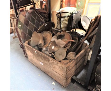 A COLLECTION OF METALWARE including a wire stick stand, a wooden crate and a coloured glass panel