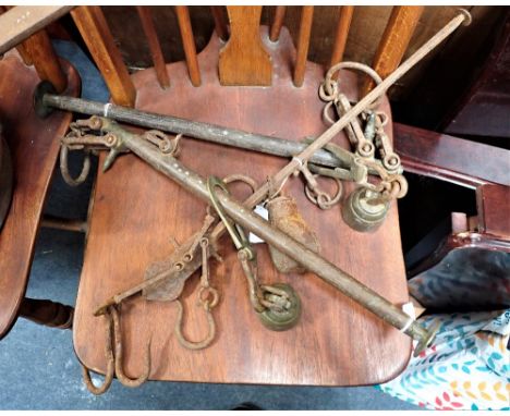 THREE VINTAGE SCALE, two with wooden posts and brass weights