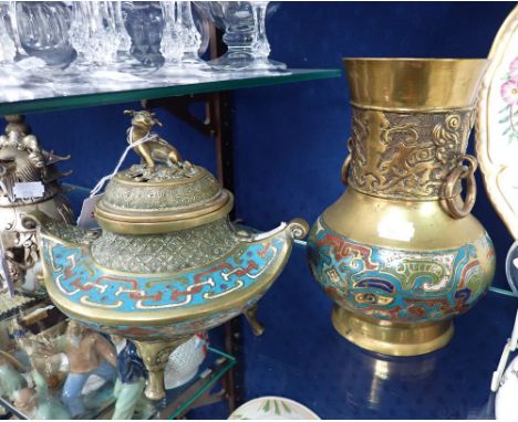 A CHINESE BRASS CENSER with champleve enamel decoration and a similar vase