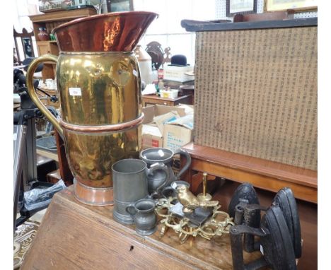 A COPPER AND BRASS STICK STAND IN THE FORM OF A LARGE JUG, 19th Century pewter mug with glass bottom and armorial and similar