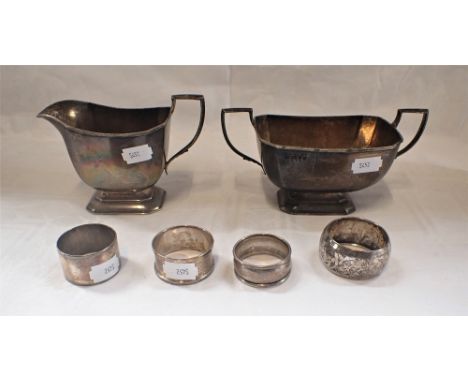 MATCHING SILVER JUG AND SUGAR BASIN, London 1937 and four napkins rings (one plated), approximately 445gms