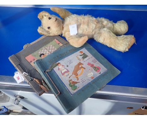 A VINTAGE PLUSH TEDDY BEAR, with jointed limbs and two 1930s 'Little Tots' 78 rpm record albums