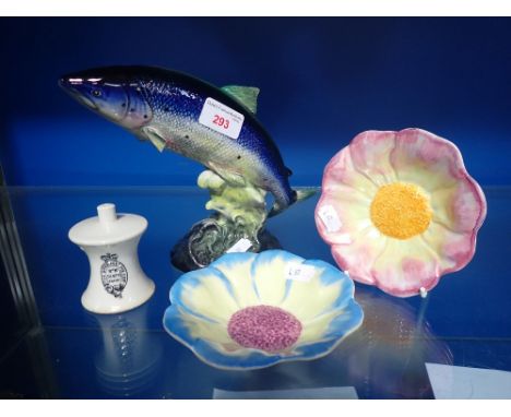 A BESWICK SALMON (missing a fin), a pair of Clarice Cliff floral dishes and a Vintage pie funnel 