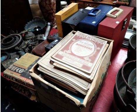 A CANADIAN KODAK NO2 A FOLDING BROWNIE in a leather case, a box Brownie, Vintage fairy lights, gramophone records and sheet m
