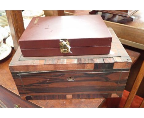 A VICTORIAN ROSEWOOD WORKBOX with fitted interior, including a silver bladed pen knife, and a boxed backgammon set