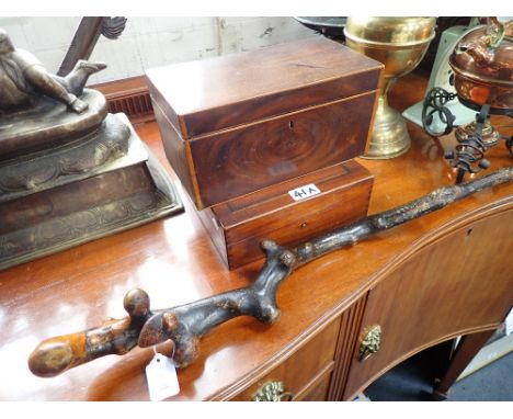 A 'HARRY LAUDER' STYLE WALKING STICK, a mahogany marquetry box and a 19th century tea caddy