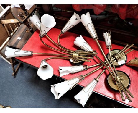 A SET OF THREE 1950S FRENCH LIGHT FITTINGS in brass with opalescent shades
