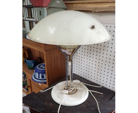 A POST MODERN STYLE CHROME AND PAINTED METAL LAMP with domed plastic shade