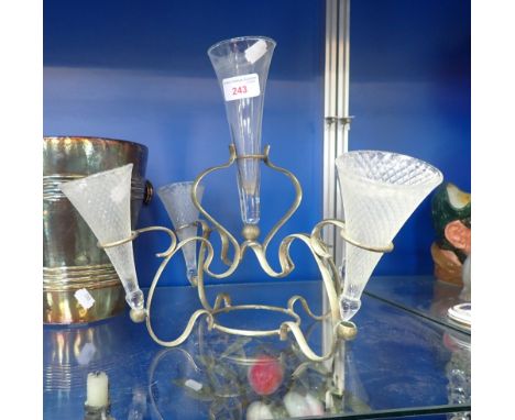 A VINTAGE SILVER PLATED P&amp;O ICE BUCKET and a plated epergne with glass trumpets