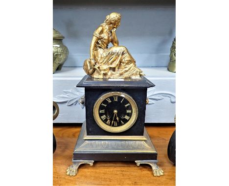A 19TH CENTURY SLATE CASED MANTEL CLOCK with ormolu fittings (chip to slate)