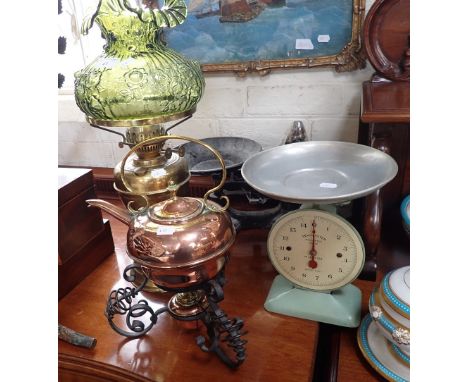 A VICTORIAN COPPER KETTLE on wrought iron stand, a brass oil lamp and two sets of scales