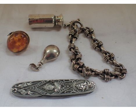 A 9CT GOLD AND AMBER RING, SILVER BRACELET and other items
